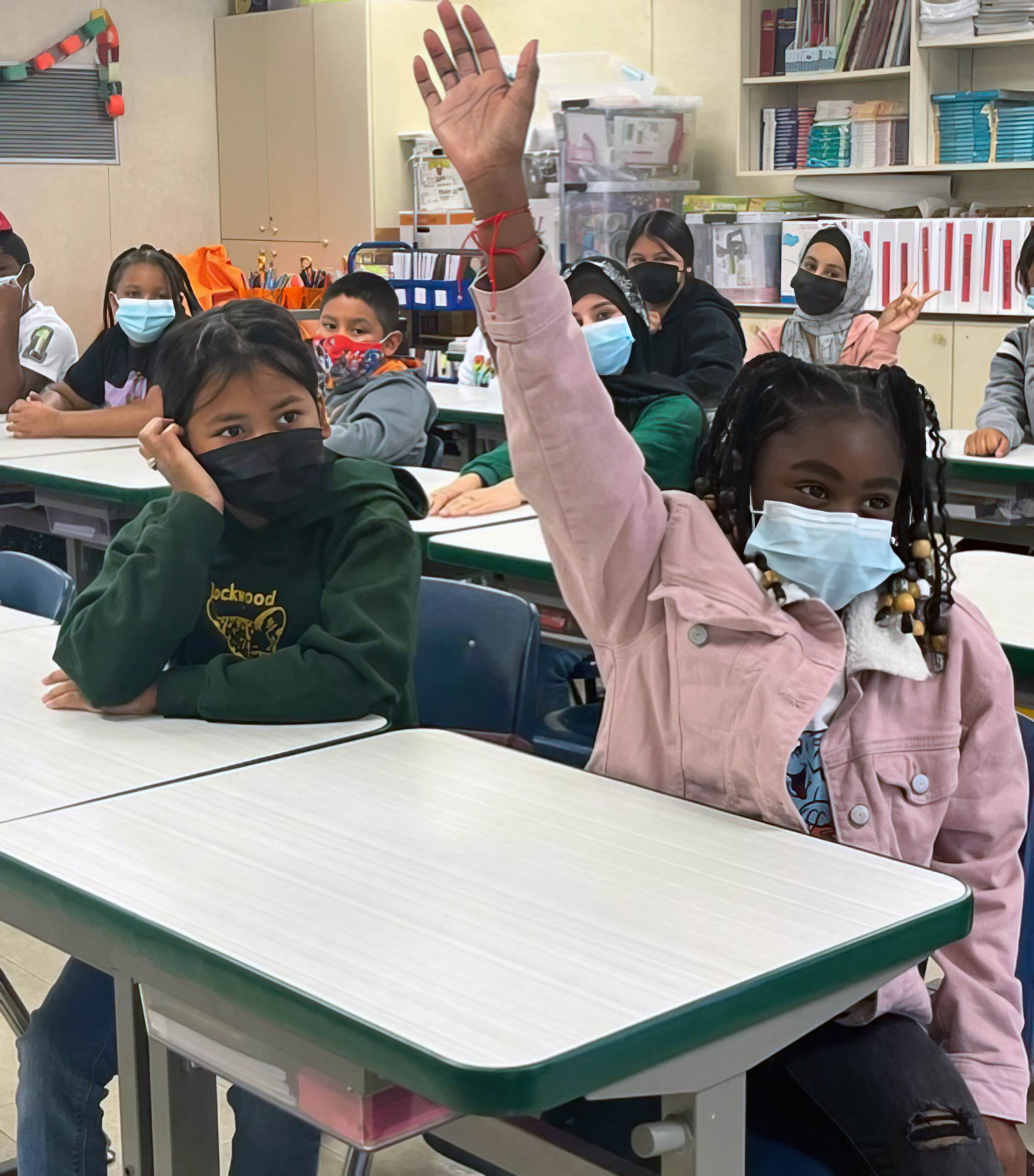 A student raises her hand in class. 