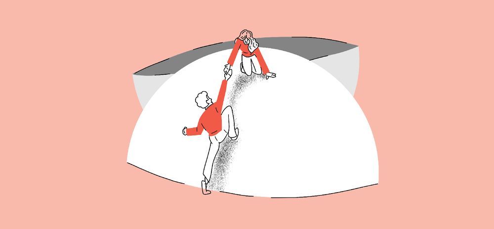 Illustration: One person helps another climb half of a large ping-pong ball.