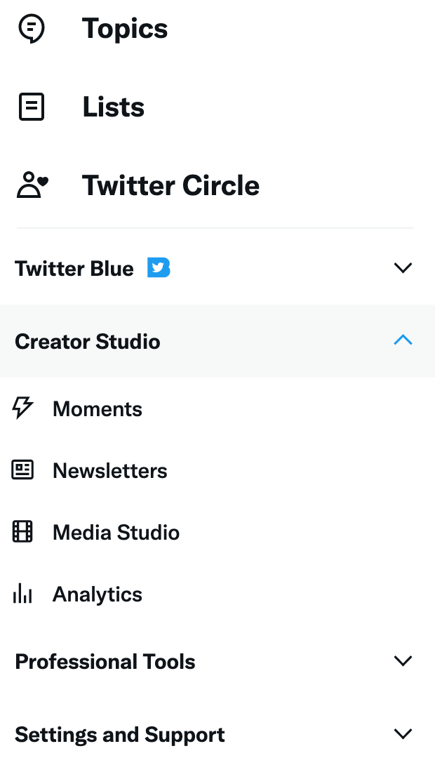 Image: A screenshot showing where to access metrics for your Twitter account, which is the button between inside Creator Studio called Analytics.