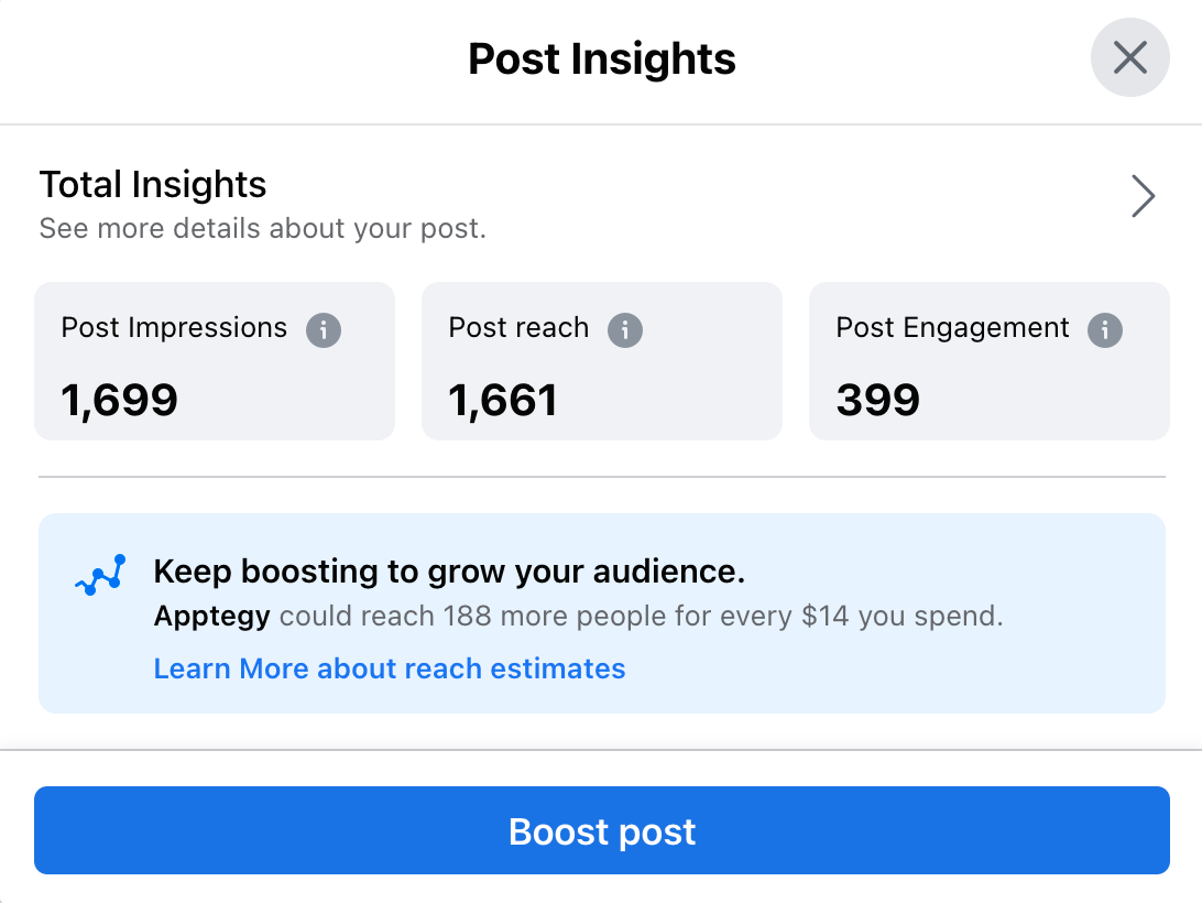 Image: A screenshot showing advanced stats for a Facebook post, such as the number of people reached and the total number of engagements.