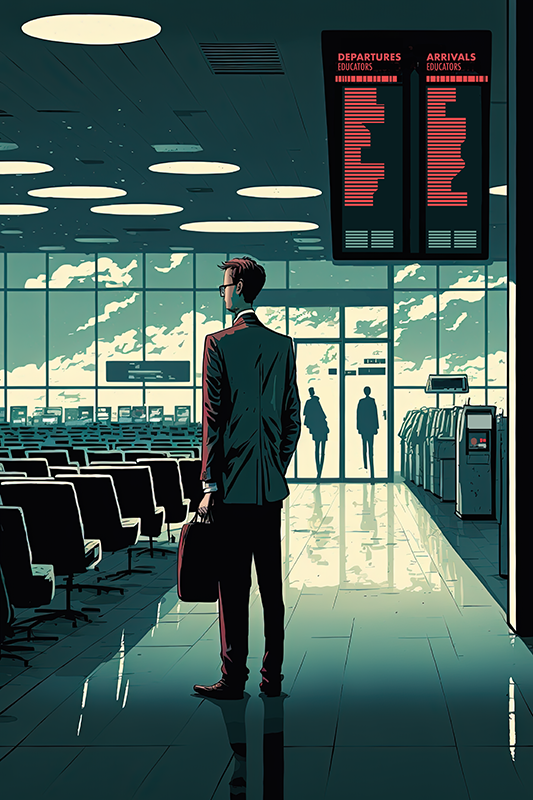 Illustration of man with small suitcase standing in airport terminal 