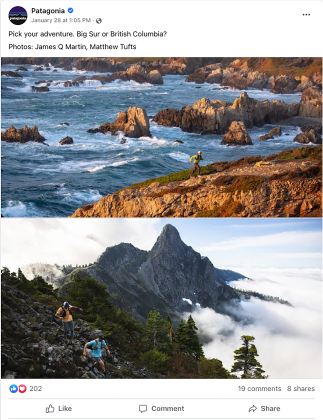 Screenshot of Facebook post for Patagonia. Post has images showing Big Sur and British Columbia.
