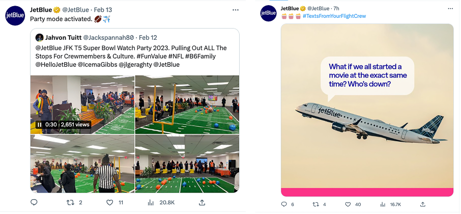 Two screenshots from JetBlue's Twitter. One has images of an employee Super Bowl pary, the other an airplance midflight.