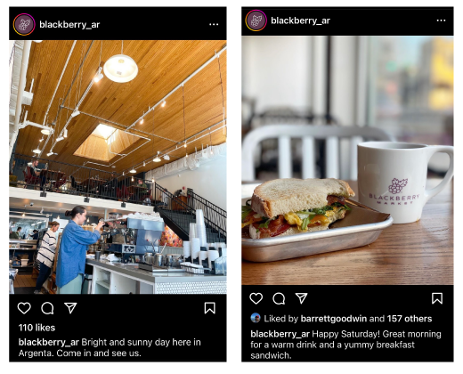 Two screenshots of Blackberry Market's Instragram: a photo of a barista making coffee and a close up photo of a sandwich and cofffee mug 