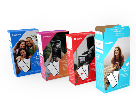 Illustration of four Girl Scout cookie style boxed with photos of people and phones