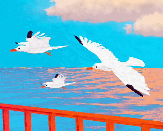 Illusration of three seagulls fying with ocean and ship railing below them