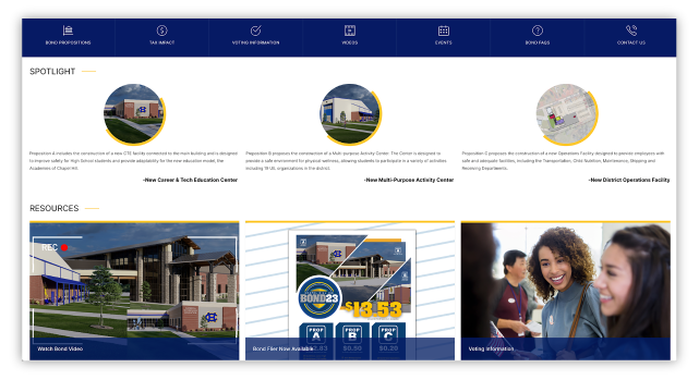 Screenshot of Chapel Hill USD's Bond Landing Page with menus and photos