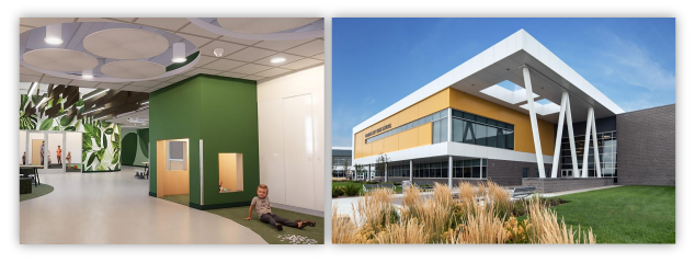 Two concept images: the first of a school interior and the second of an exterior 