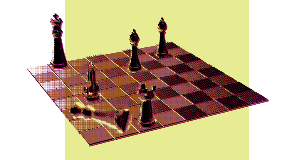 Illustration of a chess board with five pieces standing and one lying on its side