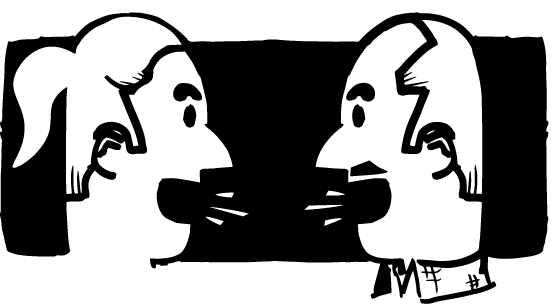 Illustration in black and white of a man and woman in conversation 