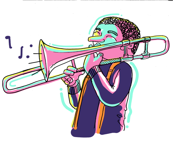 Illustration of a student playing a trombone 