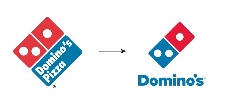 Graphics of Domino's old logo and their present logo side-by-side