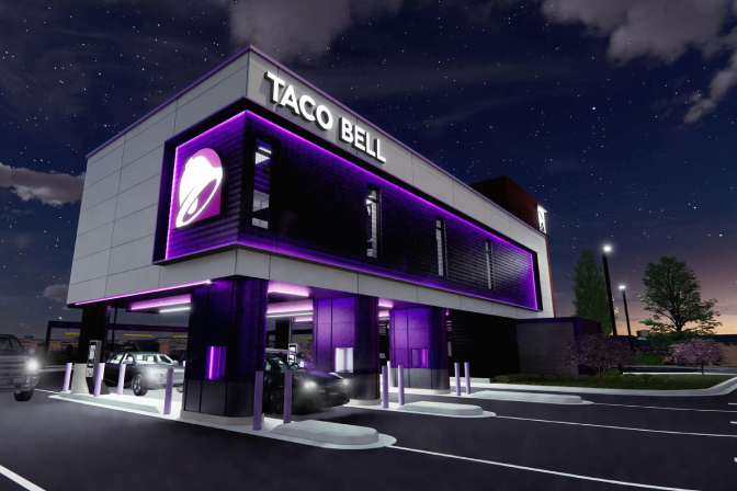 Graphic rendering of Taco Bell's Defy two-story drive-thru restaurant 