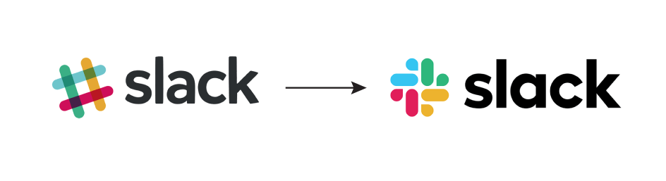 Graphics of slack's old logo and new logo side-by-side 