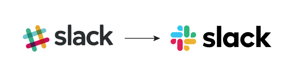 Graphics of slack's old logo and new logo side-by-side