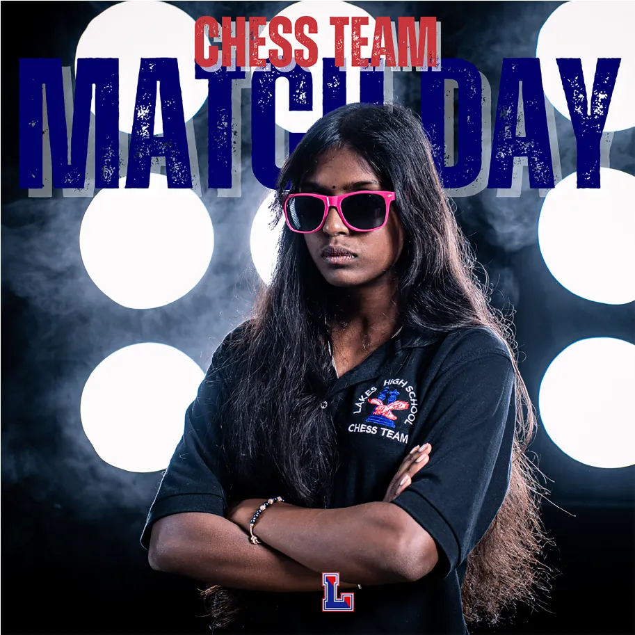 Photograph of student in pink sunglasses with Chess team logo shirt and arms crossed